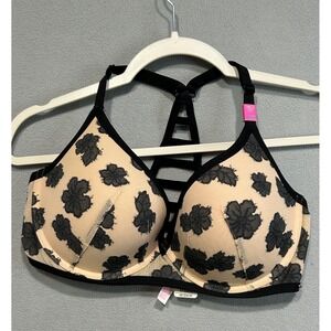 Victoria's Secret PINK Bra Women 36DD Tan Black Floral Cage Strappy Racerback